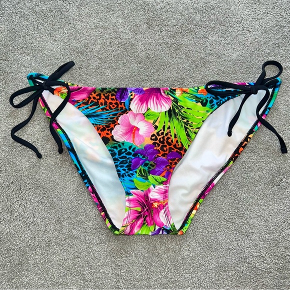 L VTG Wet Seal Rainbow Neon Tropical Floral Animal Print Bandeau Bikini Swimsuit - Picture 4 of 8